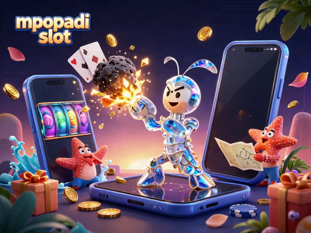 Experience the excitement of mpopadi slot as golden coins burst from a 3D smartphone with vibrant slot game features.