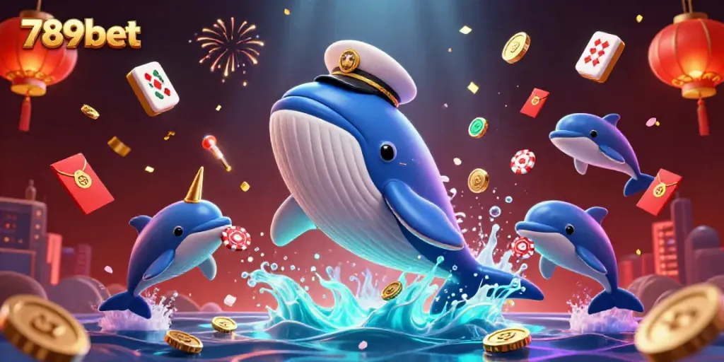 Engage with 789bet's vibrant casino adventure as whales and dolphins celebrate amidst coins and games.
