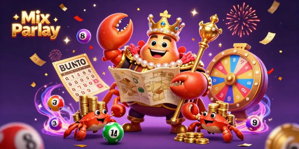 Experience the excitement of Mix Parlay as illustrated by a vibrant scene featuring a golden crab with lottery elements and festive decorations.