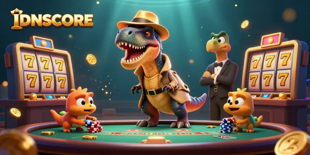 Experience IDNSCORE with velociraptor card counter and stegosaurus pit boss at a vibrant blackjack table.