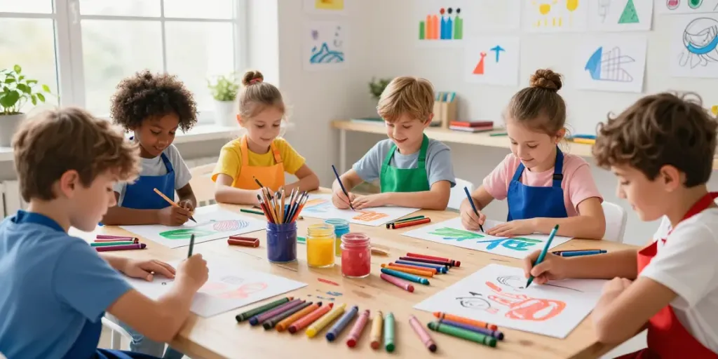 Children creating art with various crayons from a professional crayon supplier in a vibrant art studio.