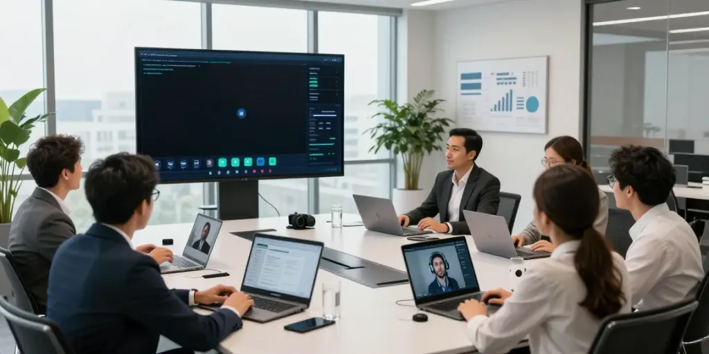 Dynamic deepfake-protected meetings showcasing diverse professionals collaborating in a modern conference room.