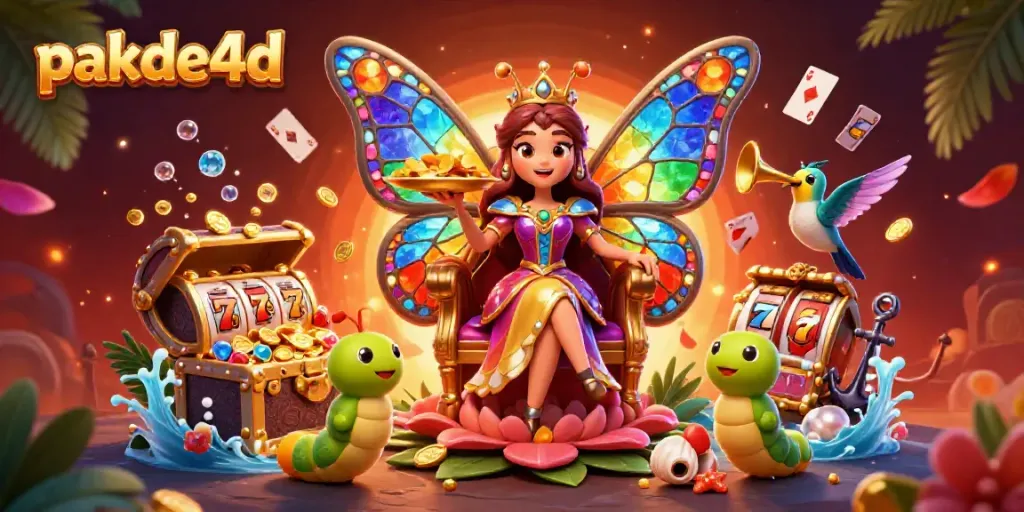 Menangkan hadiah besar di pkade4d dengan ilustrasi ratu kupu-kupu dan elemen permainan slot yang menarik.