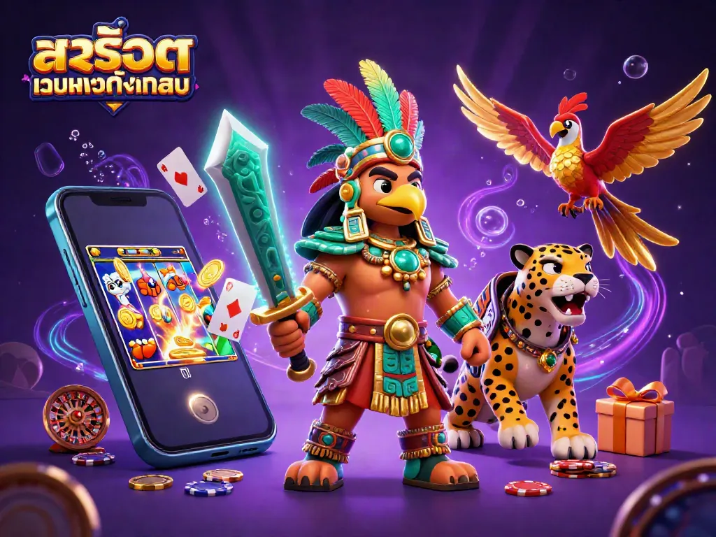 Engage with สล็อตเว็บตรงทั้งหมด in a vibrant scene of Aztec warriors and slot games.