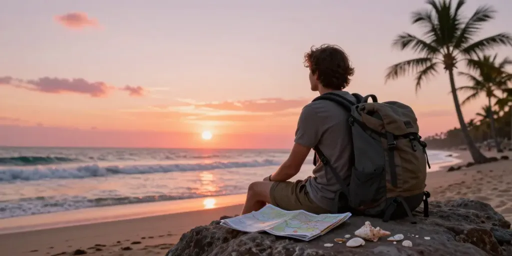 Pemandangan petualangan di pantai saat matahari terbenam, menunjukkan pengalaman traveling oyo288 resmi yang menenangkan.