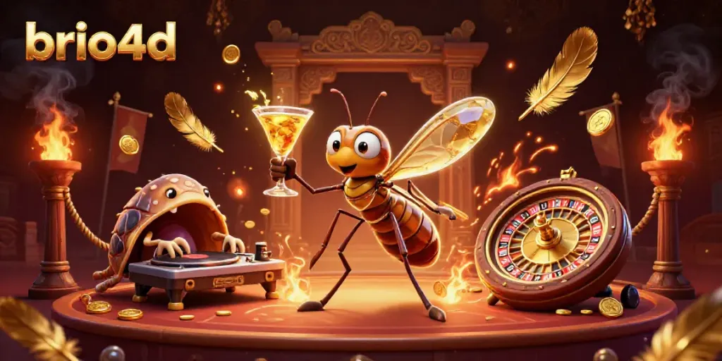 Experience vibrant gaming with brio4d's captivating casino mascot and unique roulette wheel.
