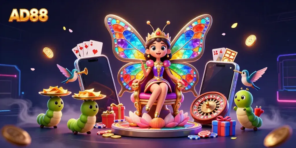 Experience the excitement of AD88 with a vibrant 3D scene showcasing casino elements and a whimsical butterfly queen.