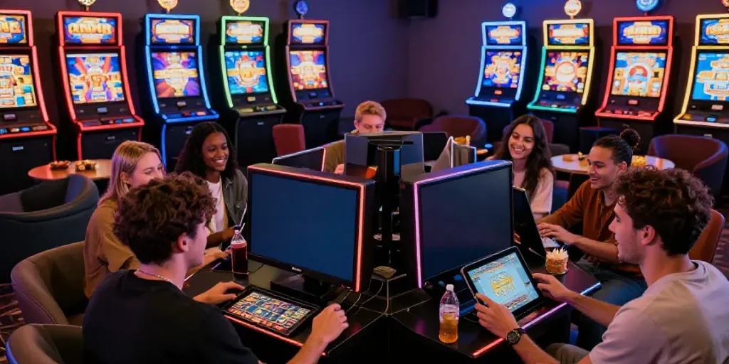 Friends enjoying a lively gaming session with psgslot on colorful screens in a vibrant lounge