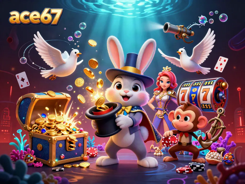 Experience the magic of ace67 as a cartoon magician rabbit conjures riches amidst vibrant casino elements.