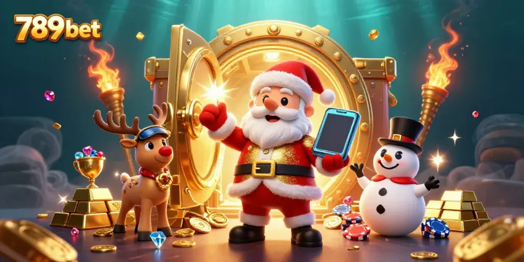 Experience 789 bet's vibrant casino adventure with Santa, reindeer, and a snowman surrounded by treasures.