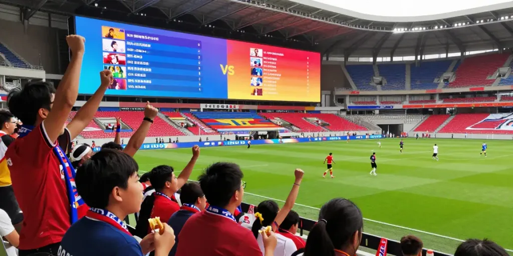 Excited fans celebrating at a football match while following ข่าวกีฬาฟุตบอล updates.