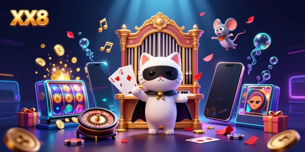Experience the excitement of XX8 with a vibrant casino scene featuring a whimsical cat at a pipe organ surrounded by slot game elements.