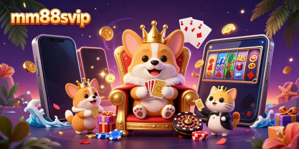 Experience the exciting world of mm88svip with a cartoon royal corgi on a throne surrounded by casino elements.