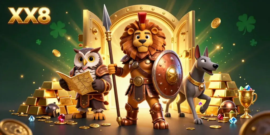 Experience the thrilling world of XX8 casino action with our vibrant cartoon scene depicting a steadfast Spartan lion, an owl strategist, and a swift greyhound amidst treasure.