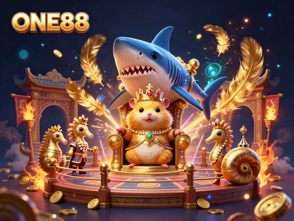 Experience the thrill of the ONE88 casino through a dynamic, vibrant 3D illustration showcasing a unique royal scene.