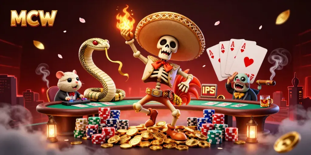 MCW showcases a vibrant scene of a mariachi rooster celebrating on slot coins, surrounded by poker elements.