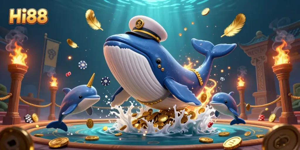 Experience winning moments with Hi88 in an animated underwater casino scene featuring vibrant characters and stakes.