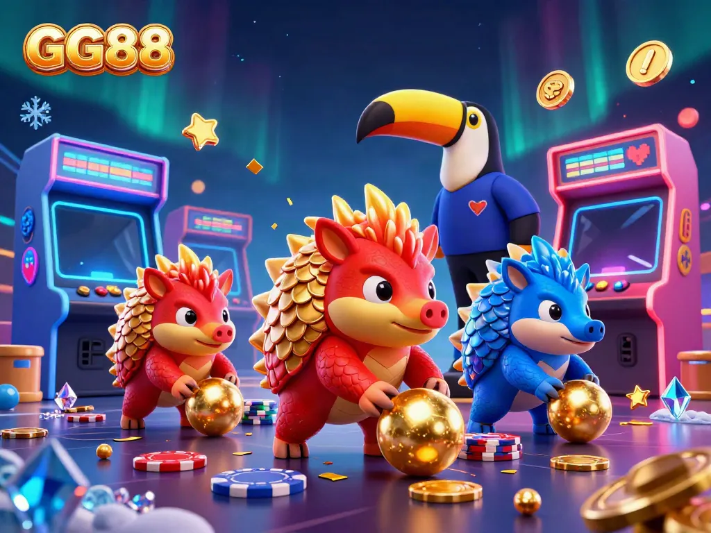 GG88 pangolins competing in a dynamic casino scene, surrounded by vibrant gaming elements.