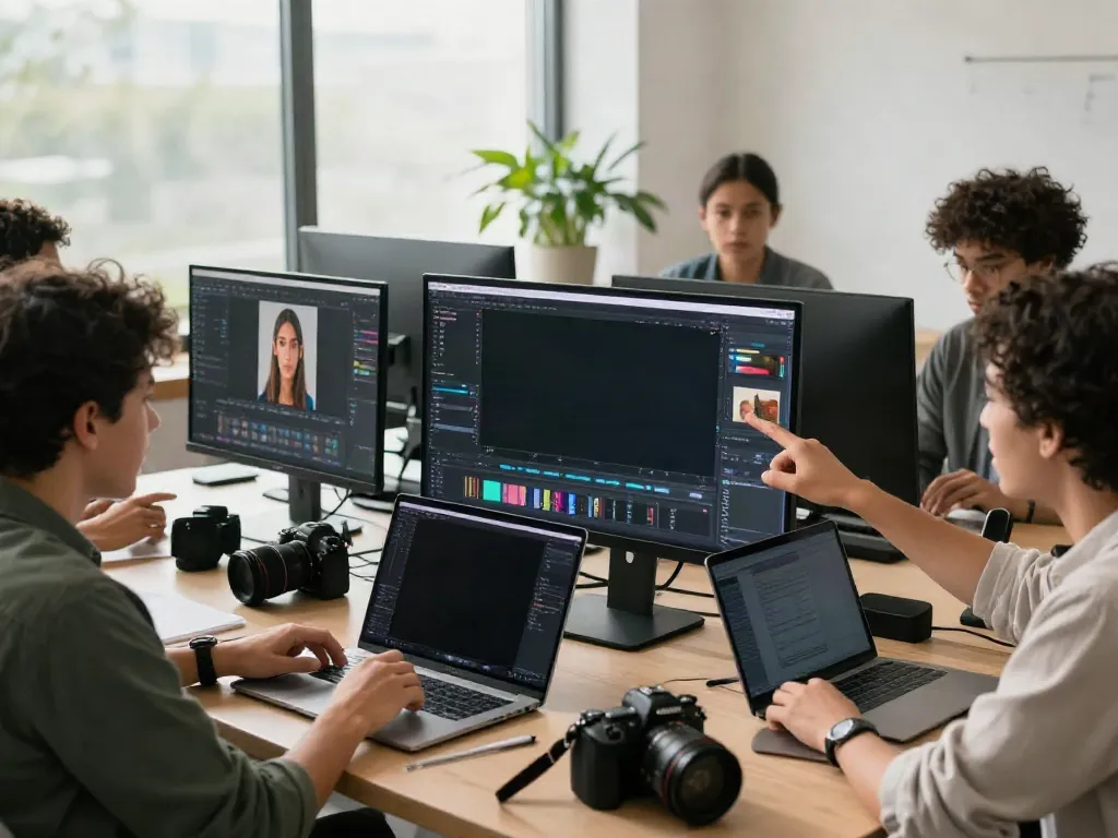 AI image variations being demonstrated in a collaborative editing space featuring young adults working together.