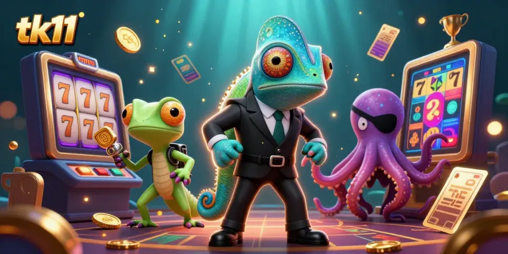 Engage in exciting casino games with tk11's vibrant characters in a packed, colorful scene.