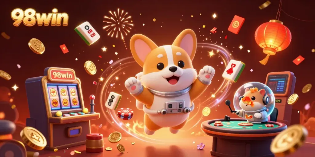 Experience the thrill of 98win as a cartoon corgi astronaut floats in a vibrant casino scene.