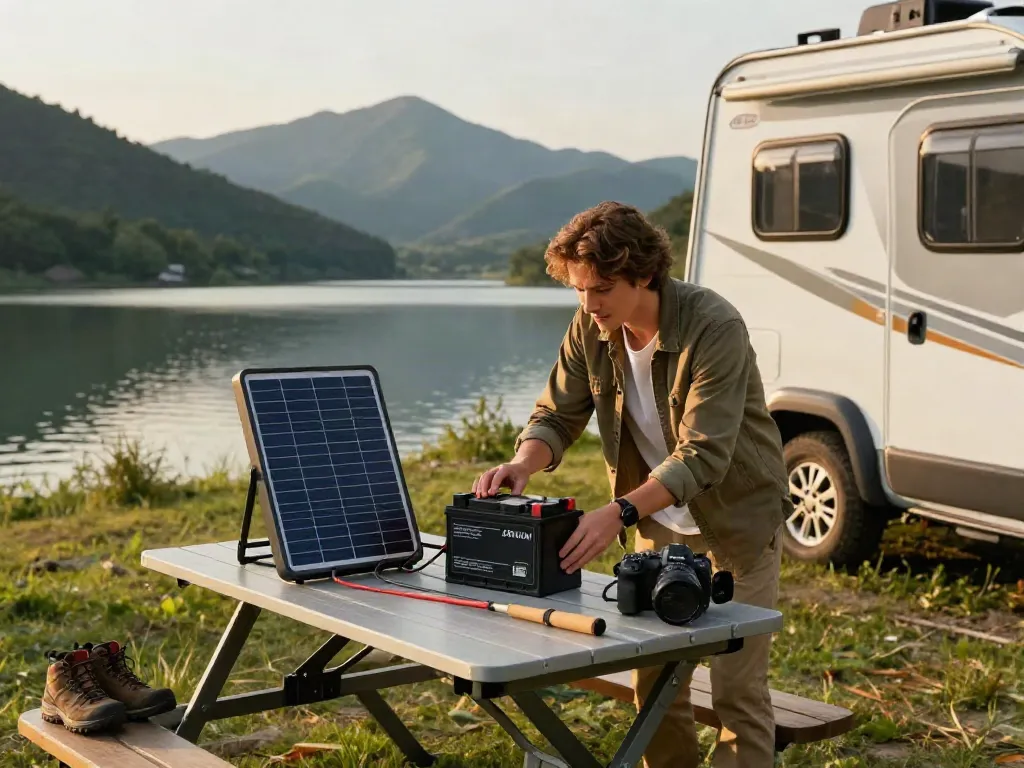 Exploring the benefits of lithium RV batteries while camping beside a serene lake.
