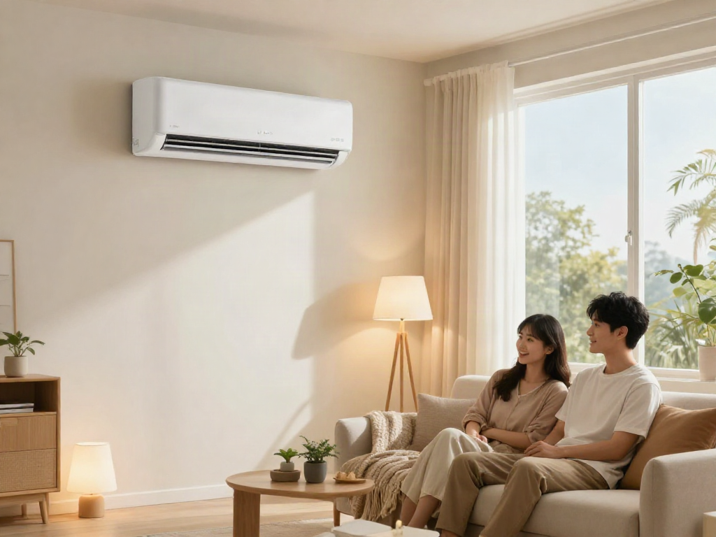 Cozy living room with mini split air conditioner providing comfort.