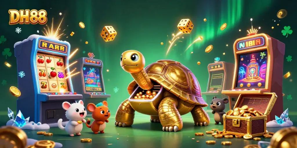 Engage in thrilling gaming action with DH 88's vibrant 3D illustration showcasing exciting casino elements and characters.