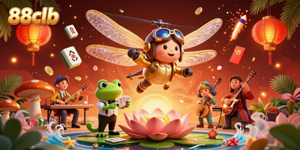 Experience the excitement of 88clb with a 3D dragonfly pilot overlooking a lily pad casino.