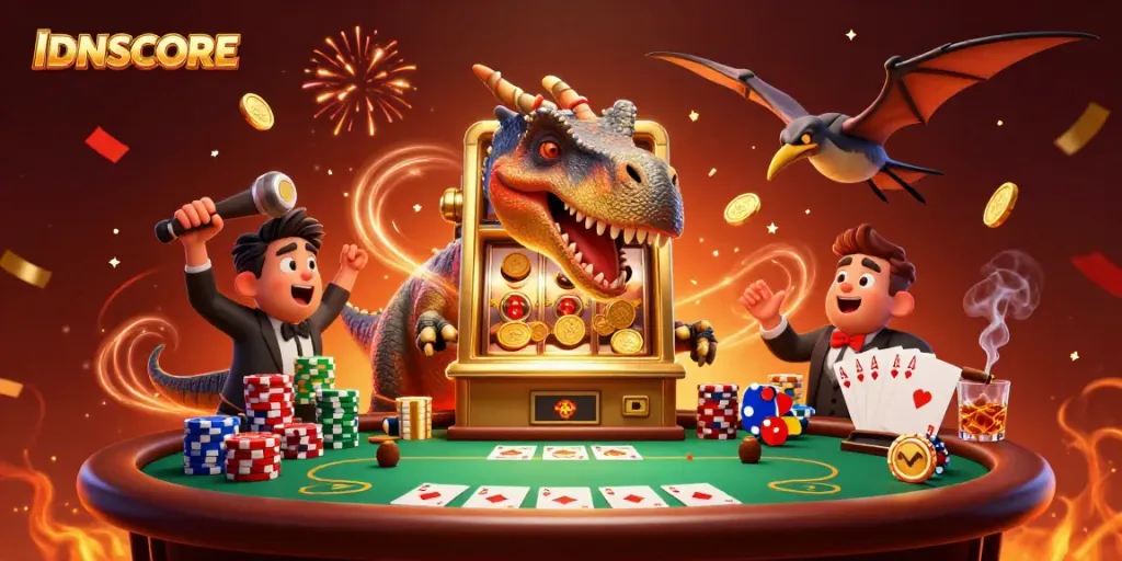 Witness IDNSCORE's thrilling jackpot scene with a pachycephalosaurus and gold slot machine in action.