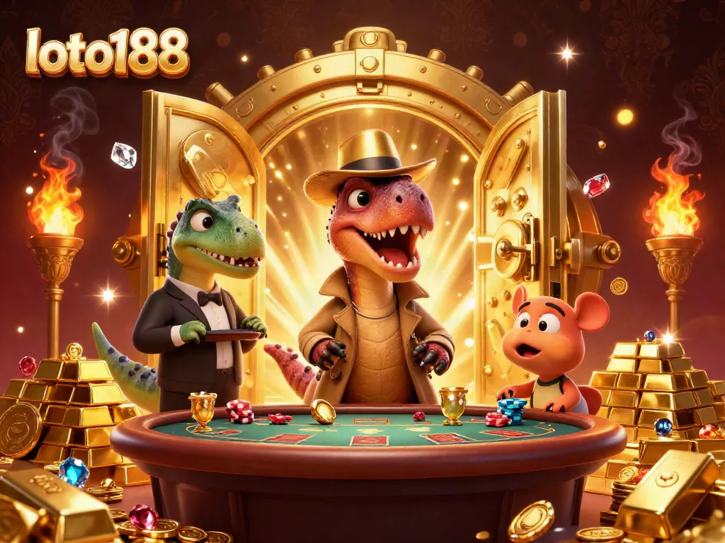 Experience thrilling action at loto188 with a 3D cartoon scene featuring animated dinosaur characters at a blackjack table.