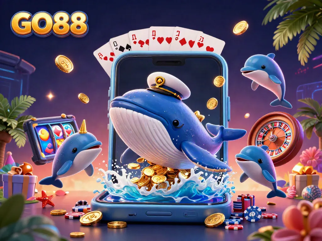 Experience the thrill of GO88 with a captivating 3D scene showcasing a cartoon whale and dolphins amidst vibrant casino elements.